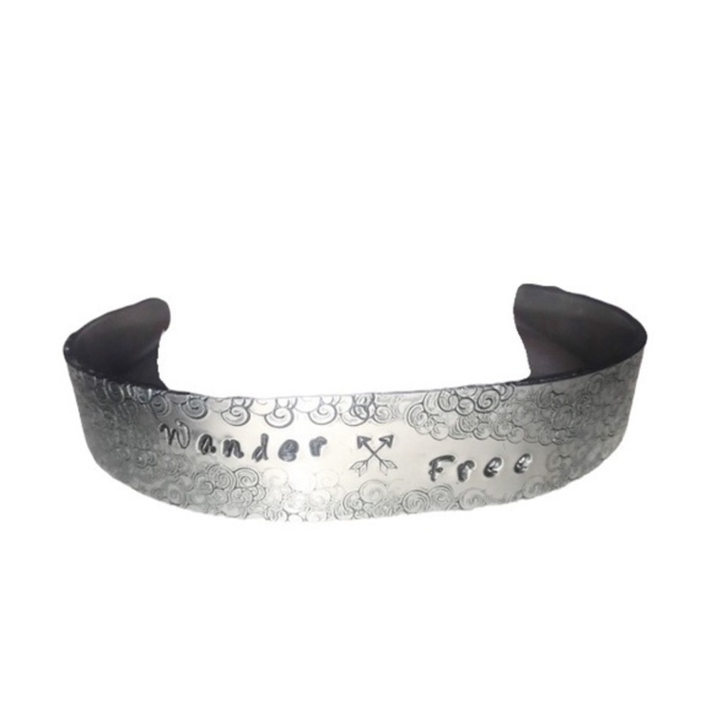 Handmade stamped “Wander Free” hypoallergenic adjustable cuff bracelet - Picture 2 of 7